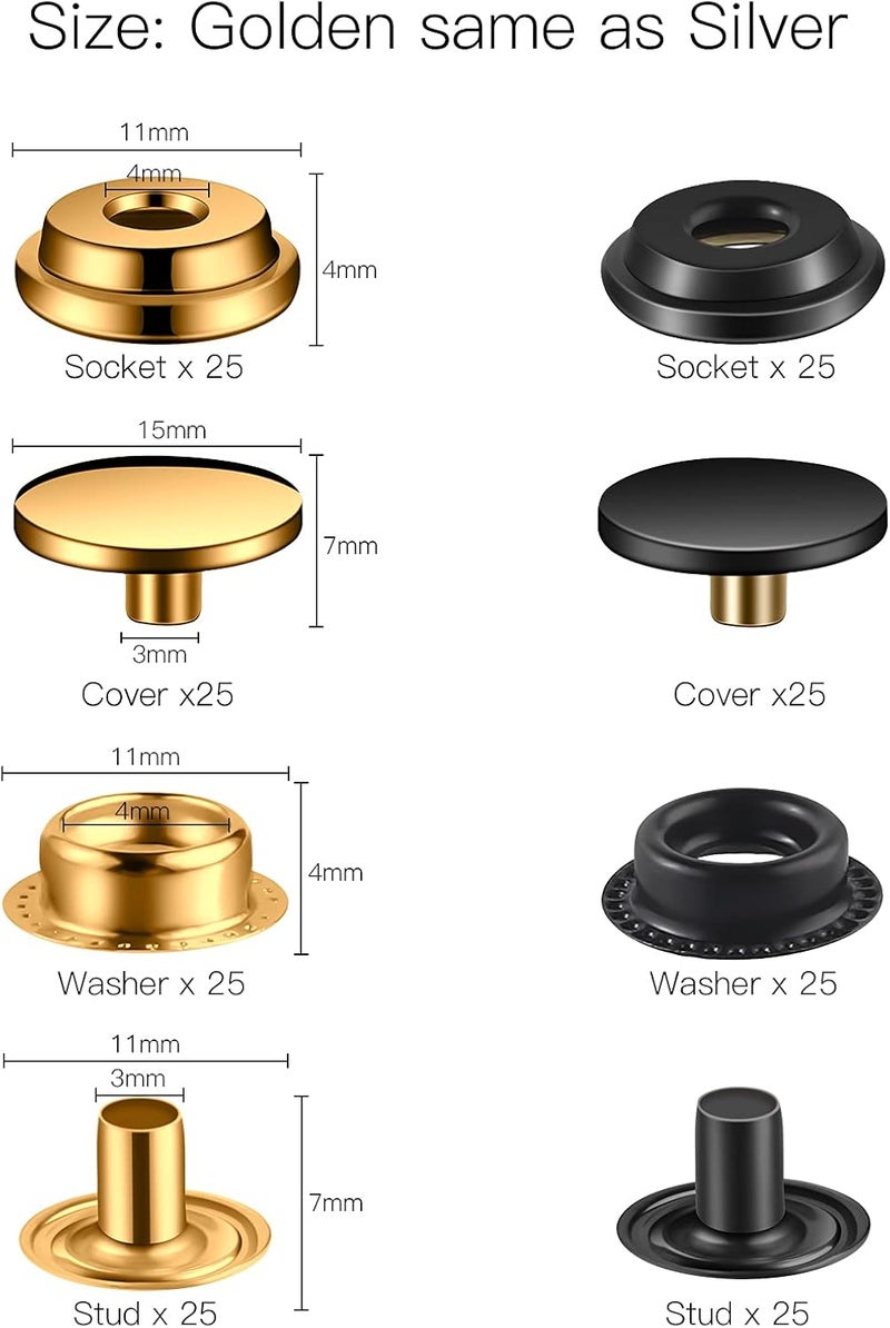 Moocci 200 Pcs (50 Sets) 5/8 inch (15mm) Leather Snap Fastener Kit Tool Snaps for Leather Stainless Snap Buttons for Bag, Jeans, Clothes, Fabric (Gold+Black) - Image 2